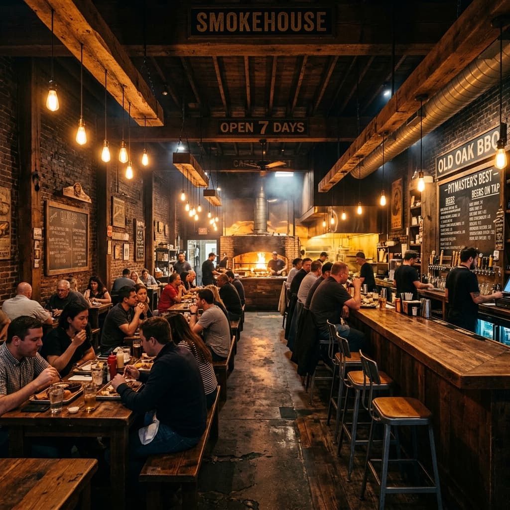 Lil' Piece BBQ — warm rustic interior dining room